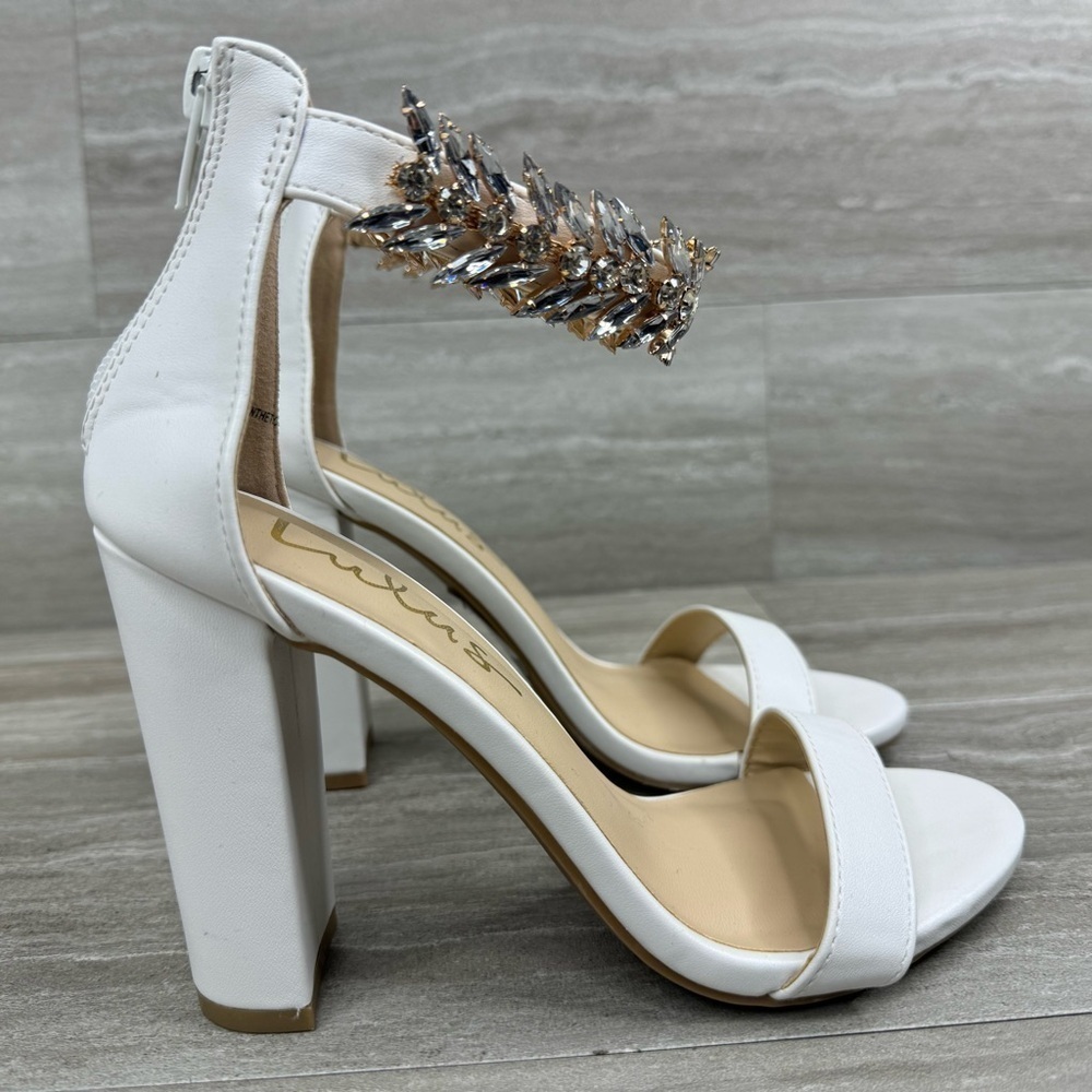 Lulu’s Mylan White Embellished Ankle Strap High Heel Womens Size 5 - Picture 2 of 13
